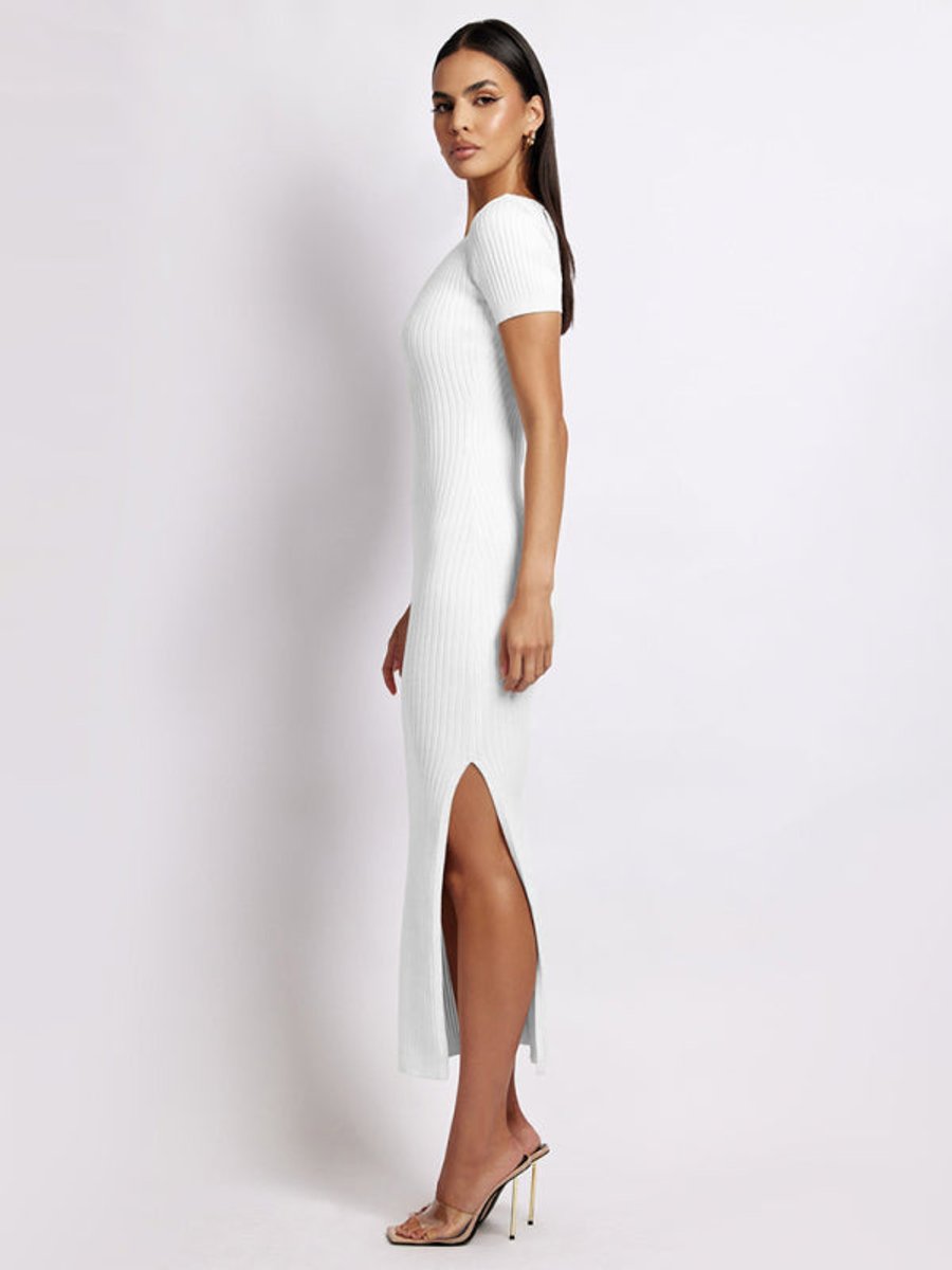Women's Ribbed Knit V-Neck Short Sleeve Fall Midi Dress