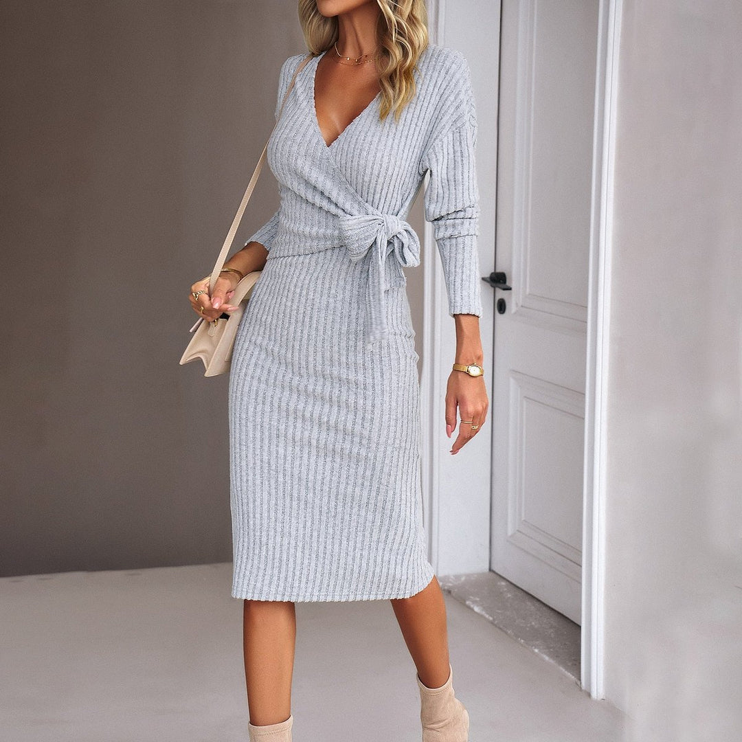 Women's Ribbed Knit Wrap Fall Midi Dress Long Sleeve