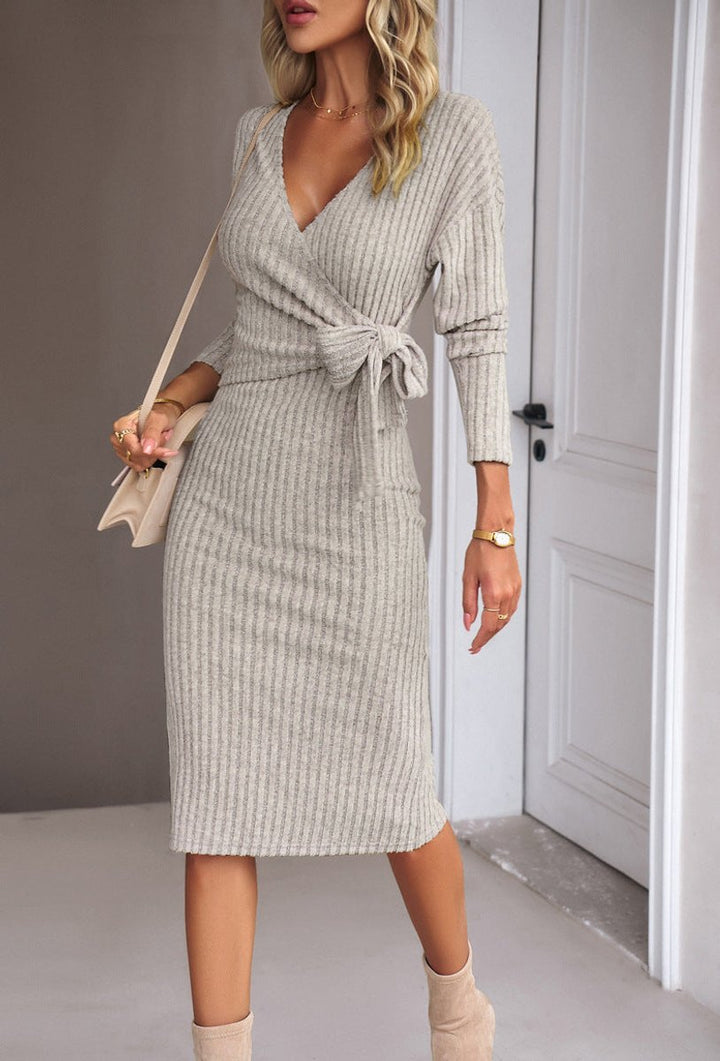Women's Ribbed Knit Wrap-Tie Fall Midi Dress Long Sleeve