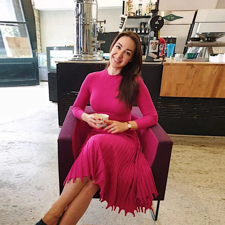 Women's Ribbed Long-Sleeve Pleated Fall Midi Dress