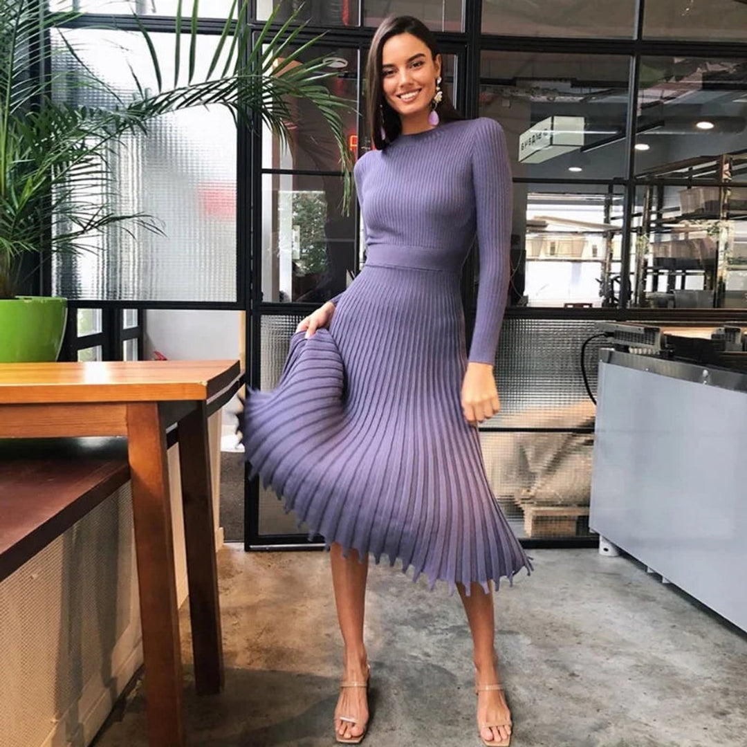 Women's Ribbed Long-Sleeve Pleated Fall Midi Dress