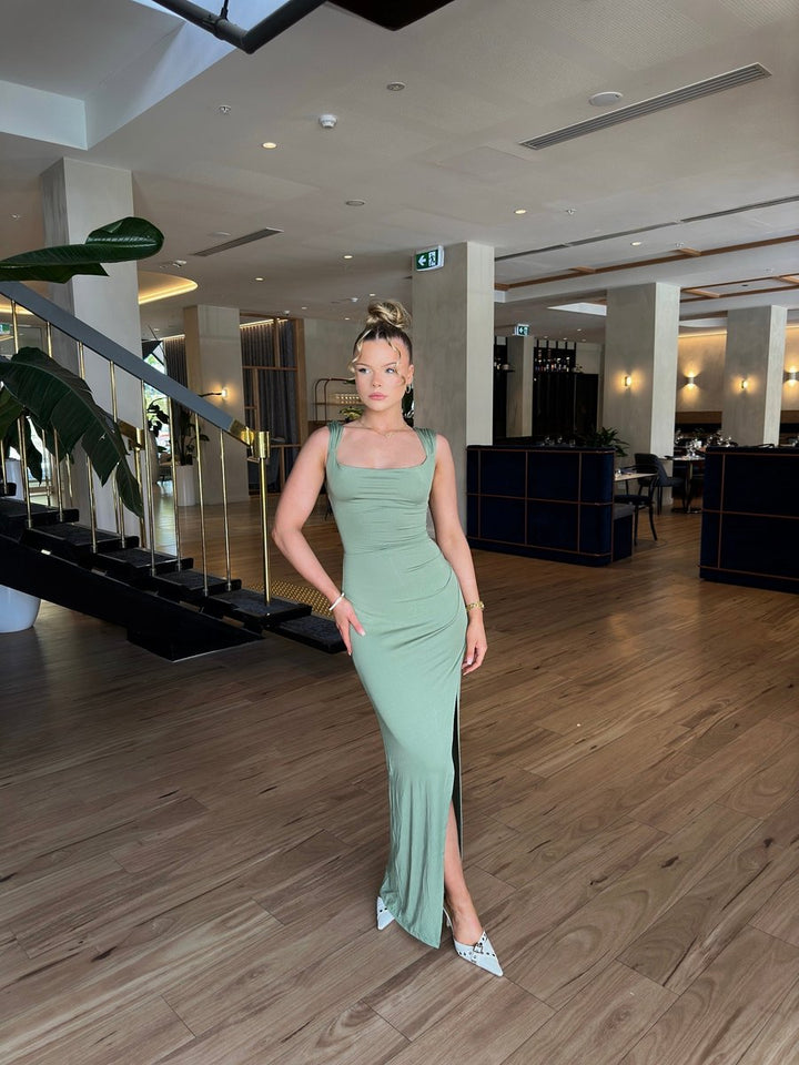 Women's Ruched Bodycon Slit Midi Formal Dress Sweetheart Neck