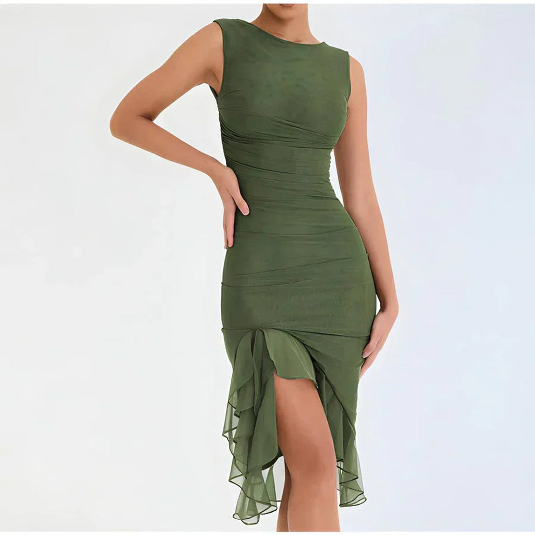 Women's Ruched Chiffon Ruffle Hem Fall Midi Dress