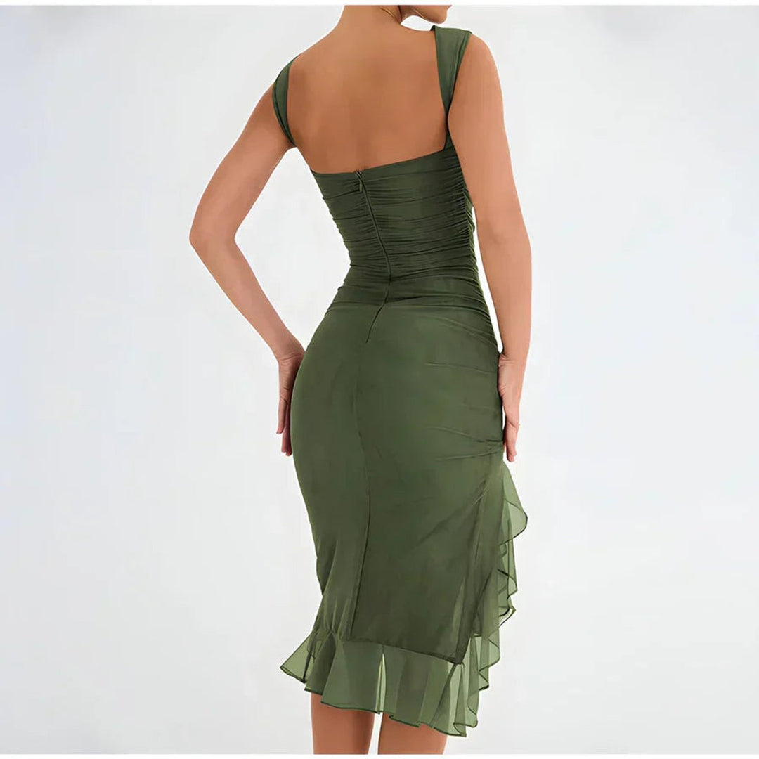 Women's Ruched Chiffon Ruffle Hem Fall Midi Dress