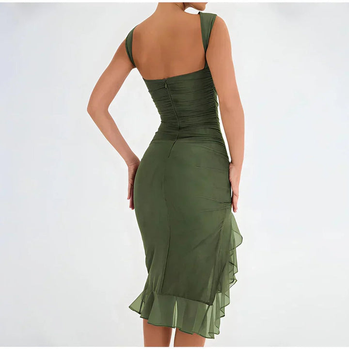 Women's Ruched Chiffon Ruffle Hem Fall Midi Dress