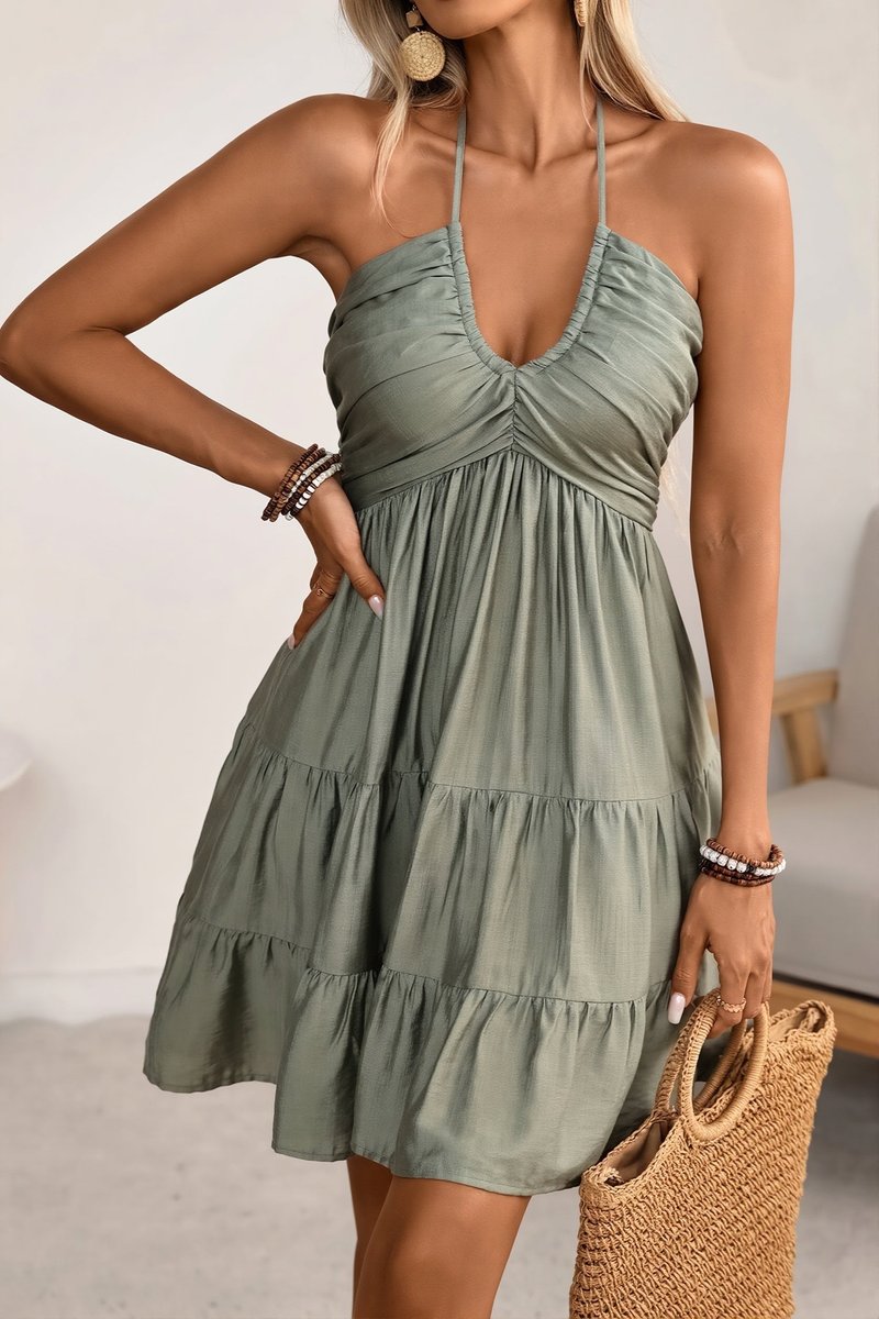 Women's Ruched Halter V-Neck Tiered Mini Fall Wedding Guest Dress