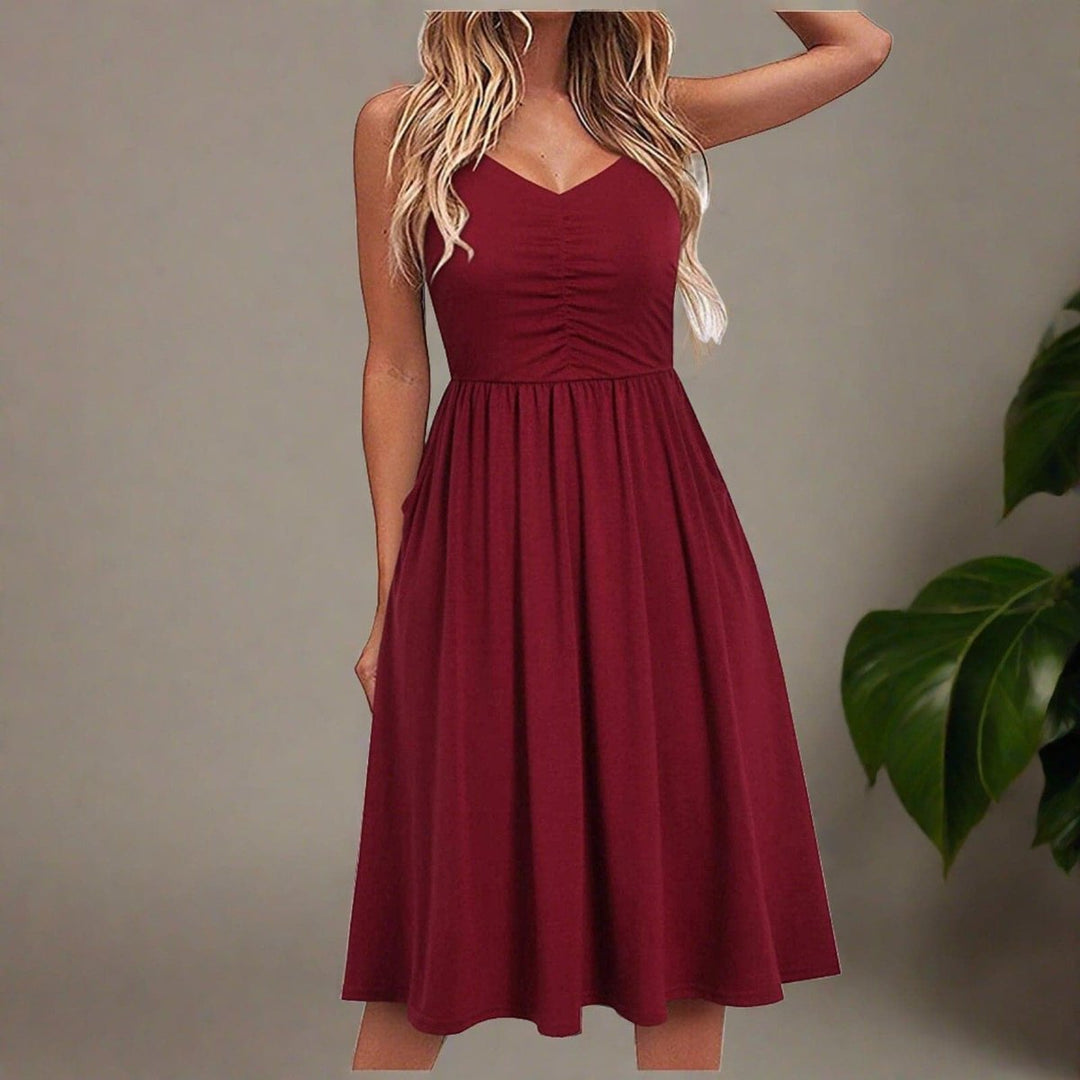 Women's Ruched High-Waist V-Neck Fall Midi Dress