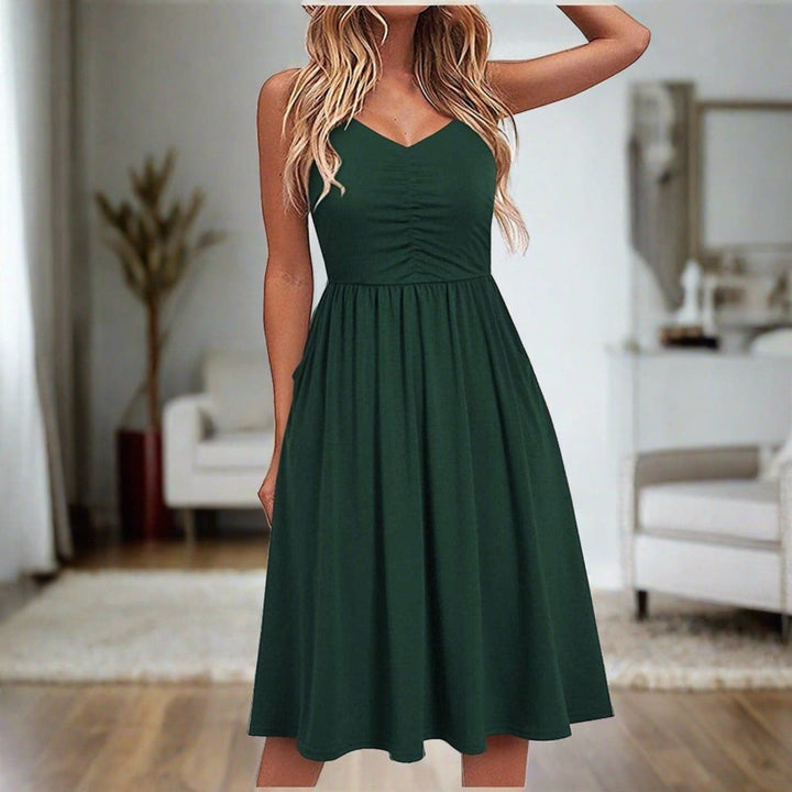 Women's Ruched High-Waist V-Neck Fall Midi Dress