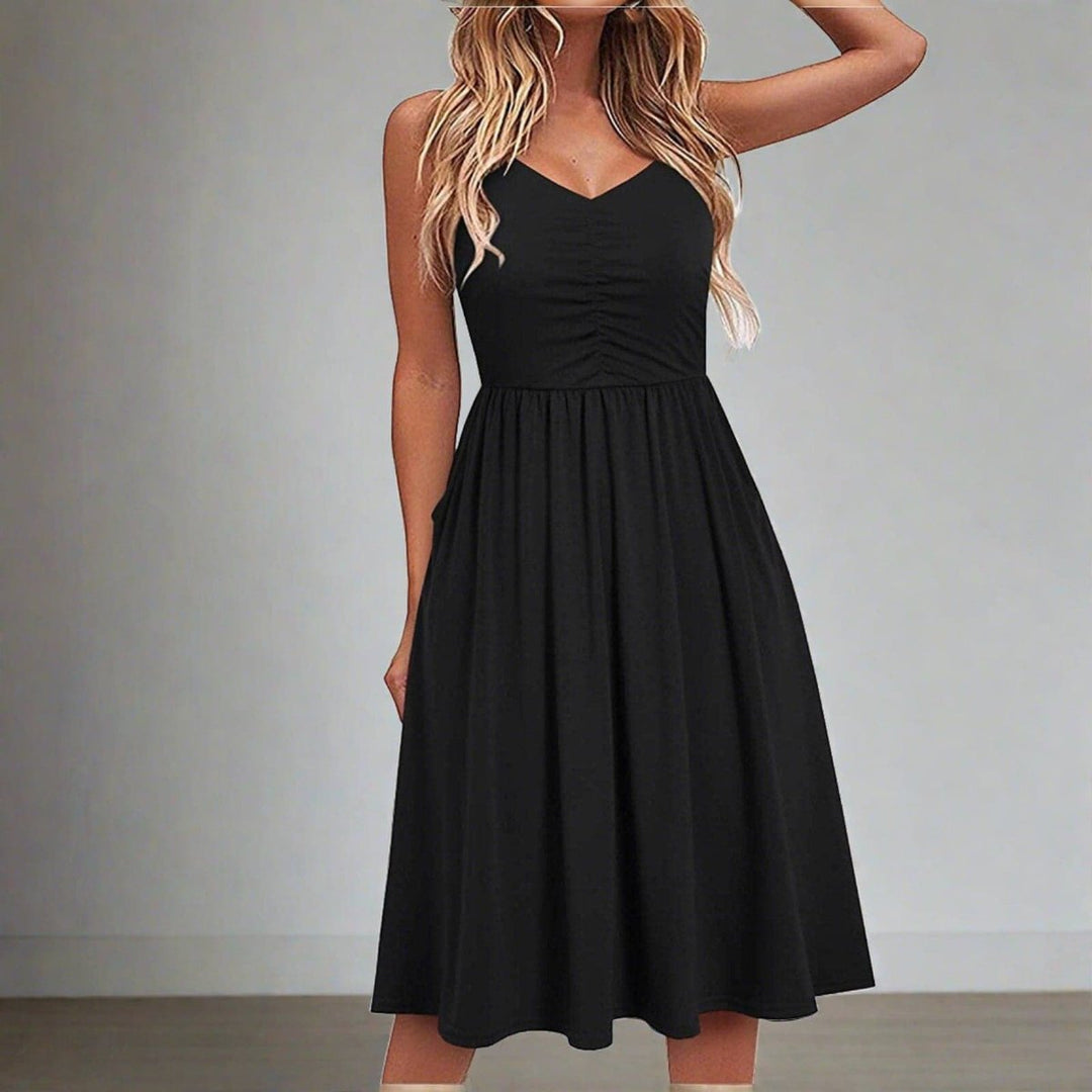 Women's Ruched High-Waist V-Neck Fall Midi Dress