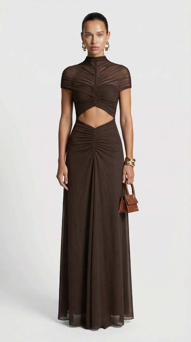 Women's Ruched Mesh Cut-Out Maxi Fall Wedding Guest Dress