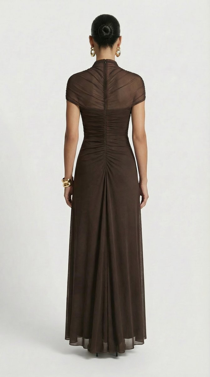 Women's Ruched Mesh Cut-Out Maxi Fall Wedding Guest Dress