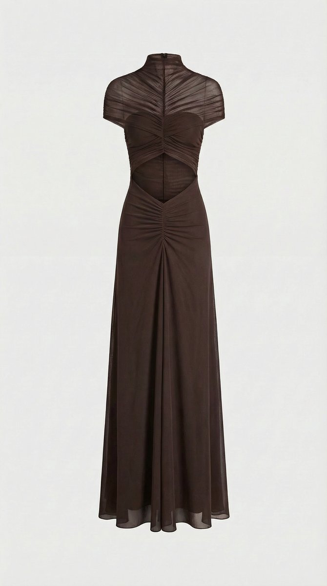 Women's Ruched Mesh Cut-Out Maxi Fall Wedding Guest Dress