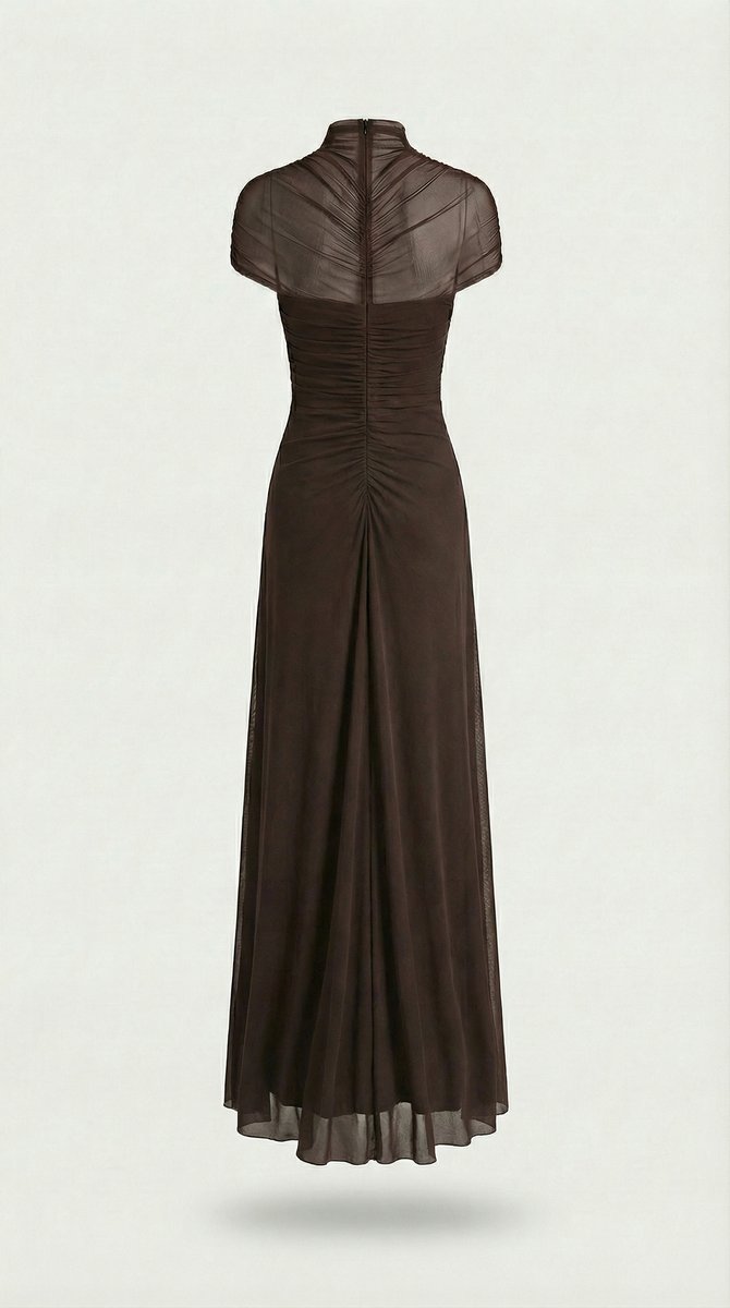 Women's Ruched Mesh Cut-Out Maxi Fall Wedding Guest Dress