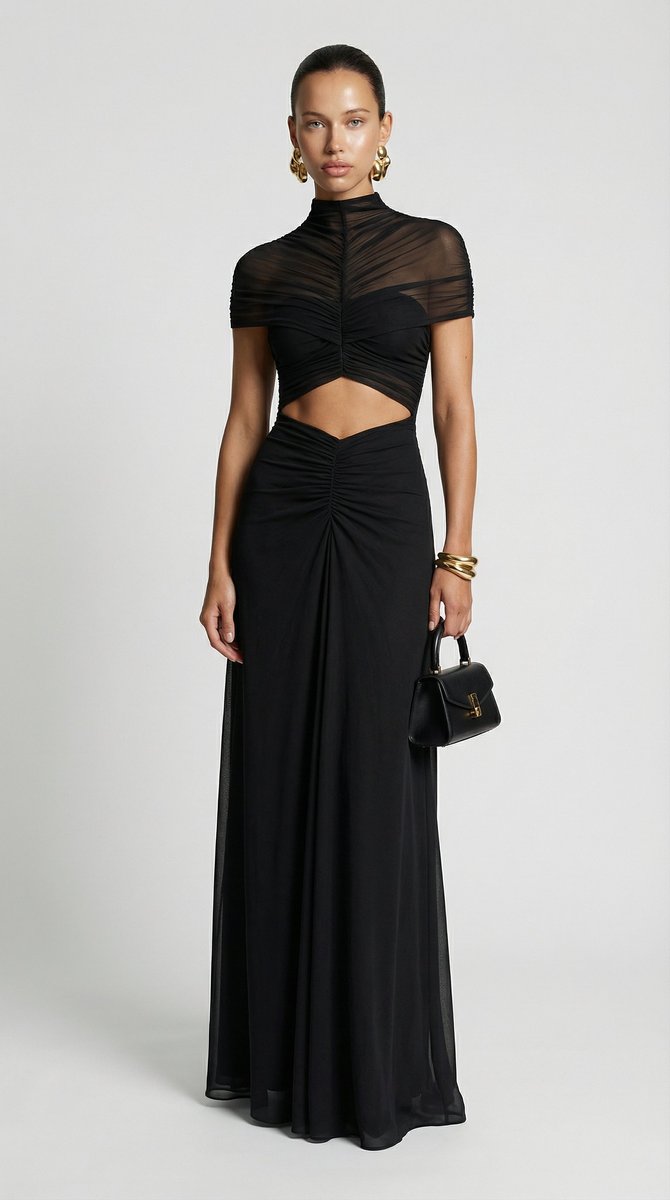 Women's Ruched Mesh Cut-Out Maxi Fall Wedding Guest Dress