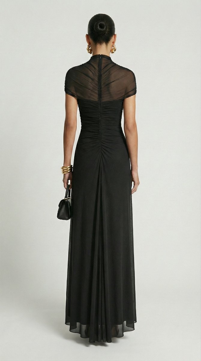 Women's Ruched Mesh Cut-Out Maxi Fall Wedding Guest Dress