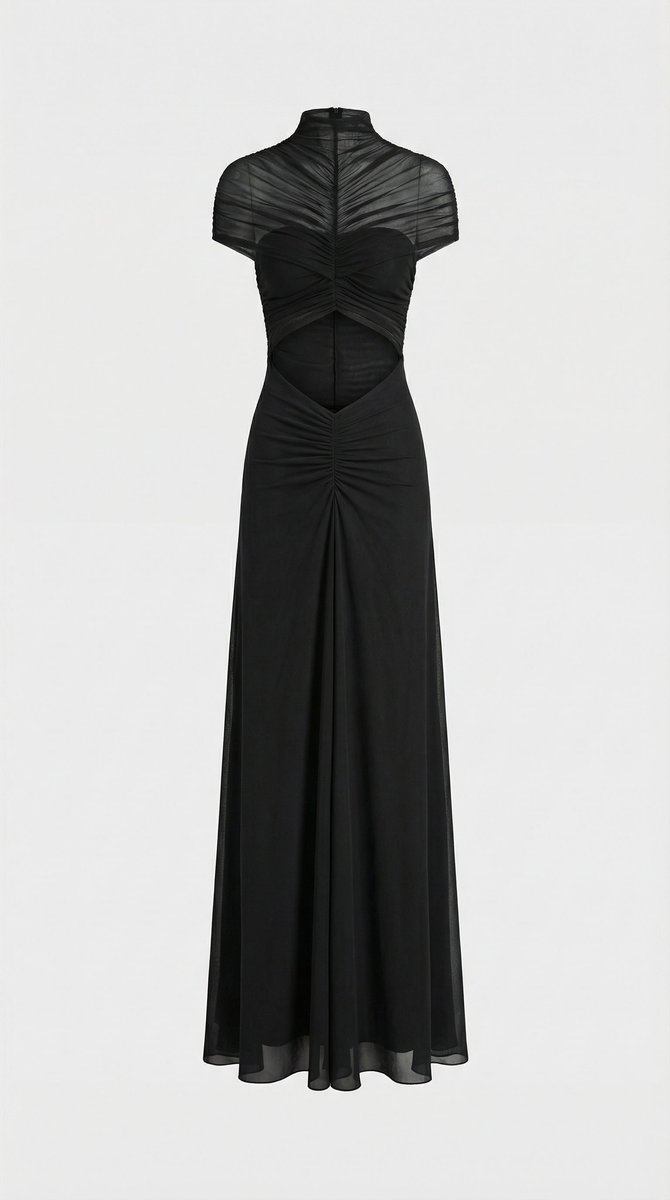 Women's Ruched Mesh Cut-Out Maxi Fall Wedding Guest Dress