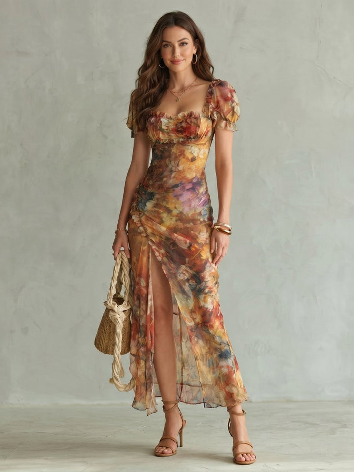 Women's Ruched Puff-Sleeve Floral Midi Formal Dress Front Slit