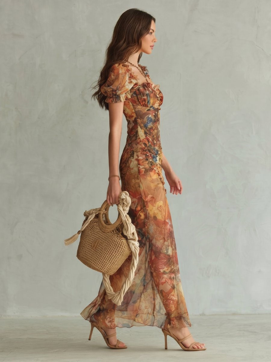 Women's Ruched Puff-Sleeve Floral Midi Formal Dress Front Slit