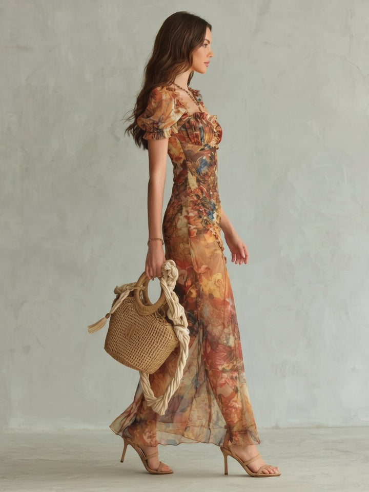 Women's Ruched Puff-Sleeve Floral Midi Formal Dress Front Slit