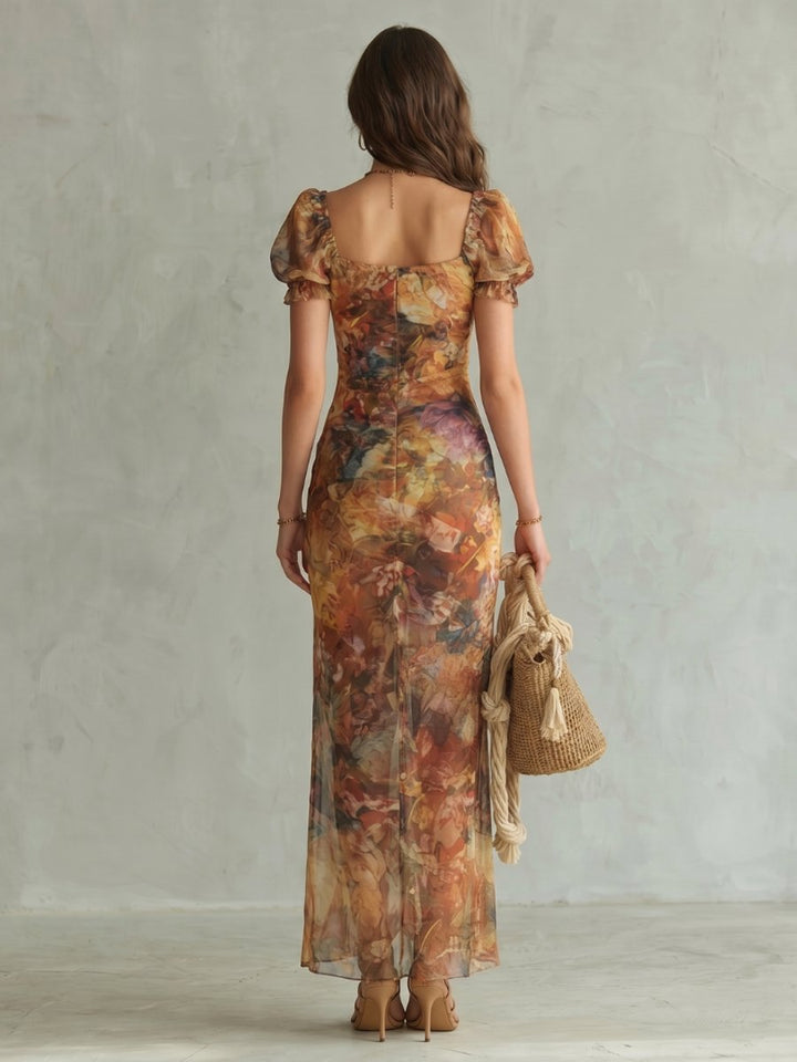 Women's Ruched Puff-Sleeve Floral Midi Formal Dress Front Slit