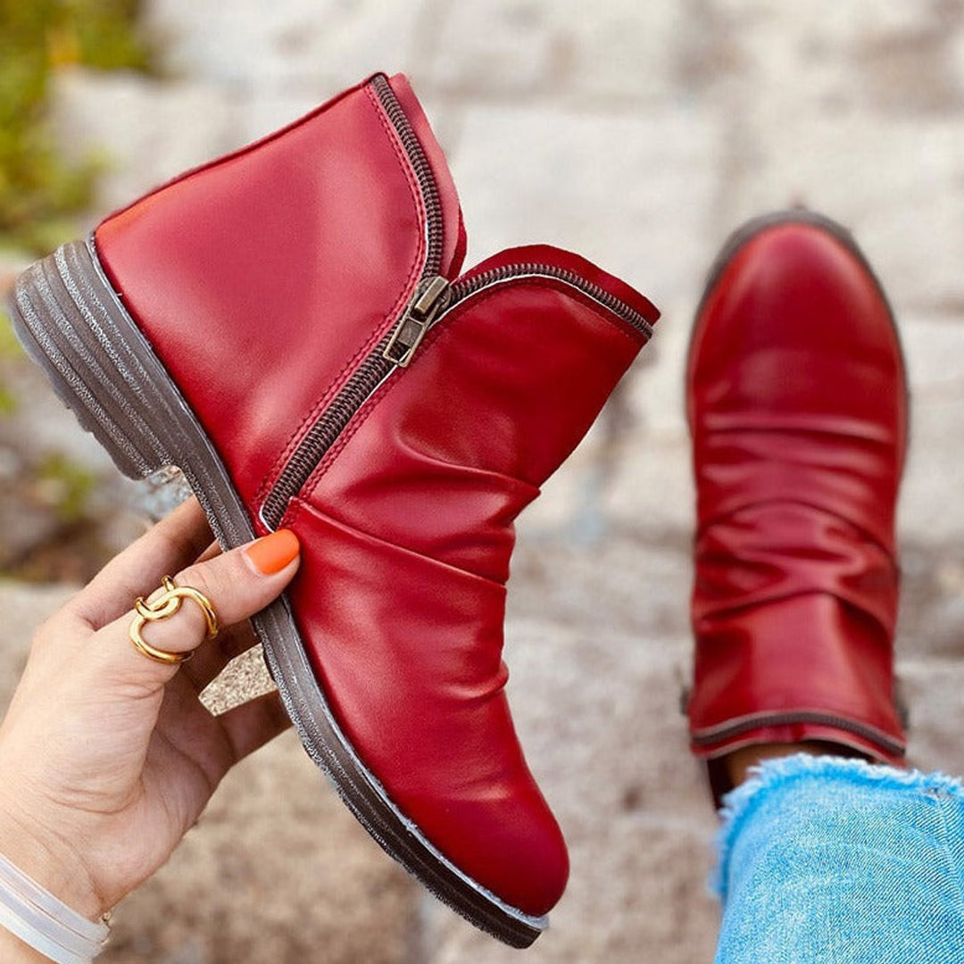 Women's Ruched Side-Zip Low-Heel Faux Leather Ankle Boots