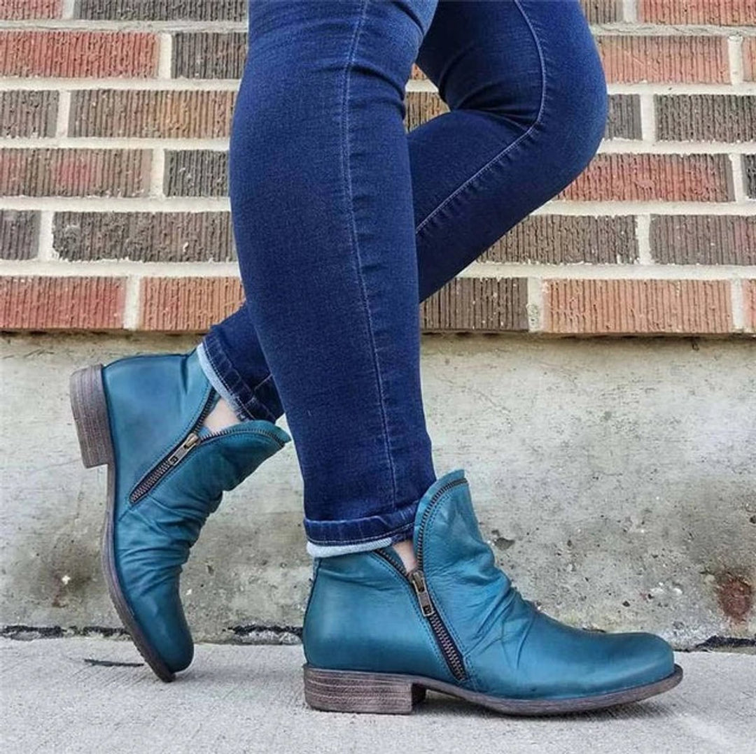 Women's Ruched Side-Zip Low-Heel Faux Leather Ankle Boots