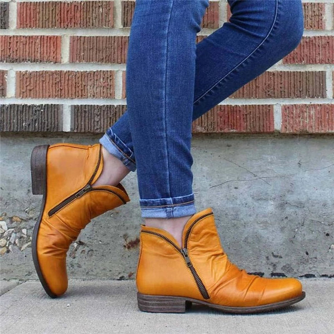 Women's Ruched Side-Zip Low-Heel Faux Leather Ankle Boots