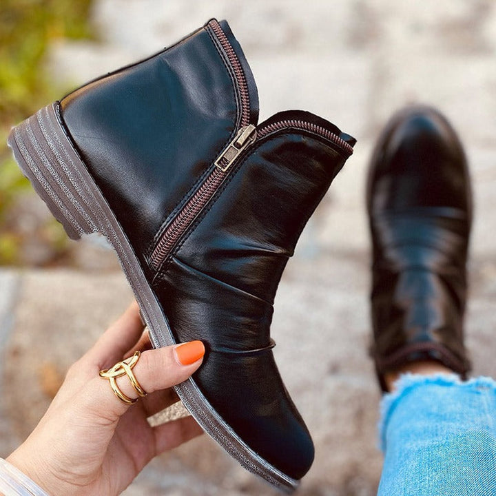 Women's Ruched Side-Zip Low-Heel Faux Leather Ankle Boots