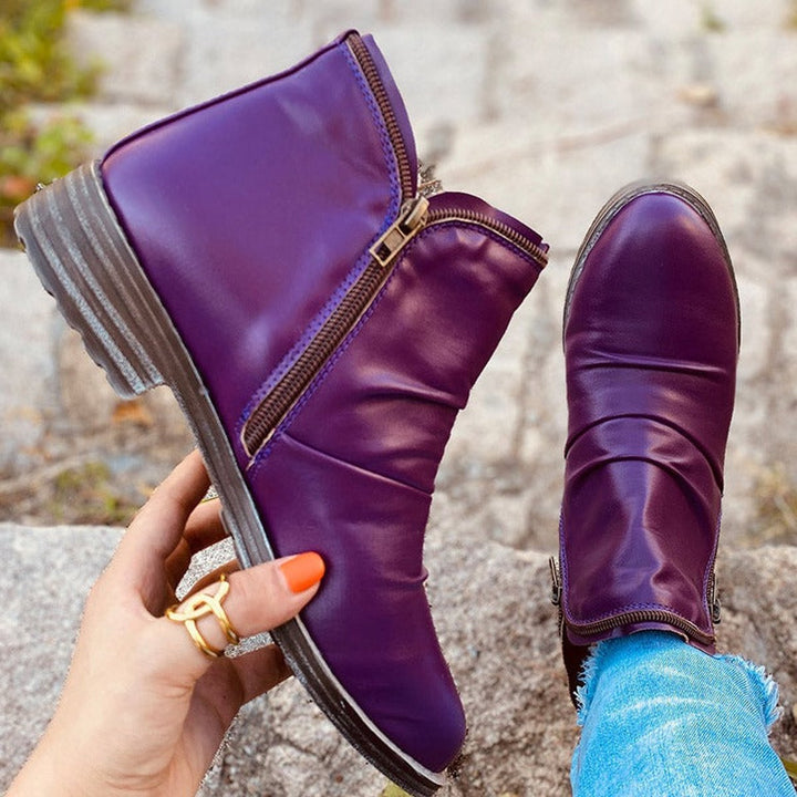 Women's Ruched Side-Zip Low-Heel Faux Leather Ankle Boots