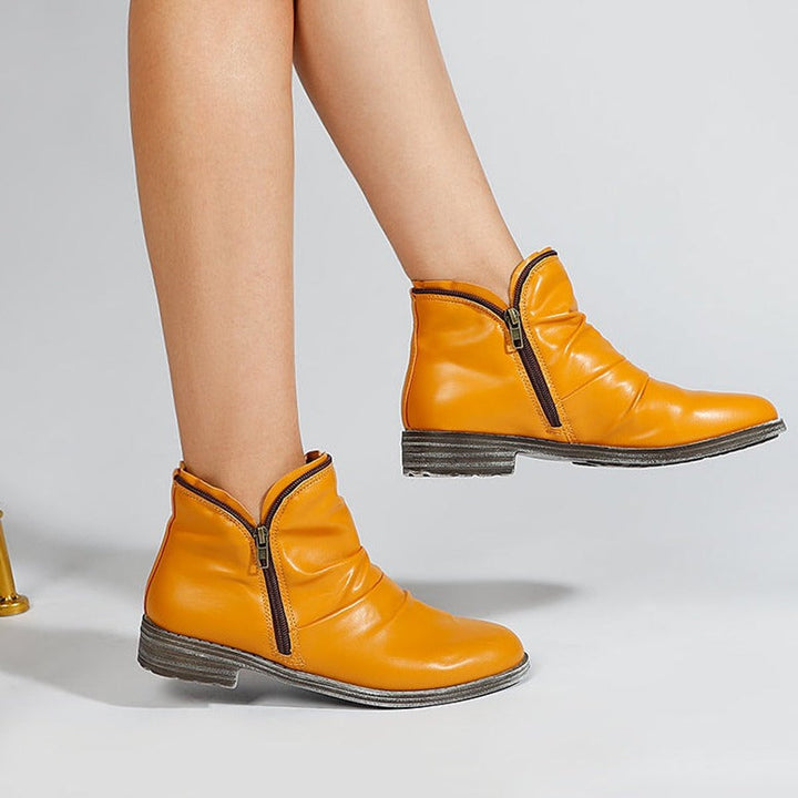 Women's Ruched Side-Zip Low-Heel Faux Leather Ankle Boots