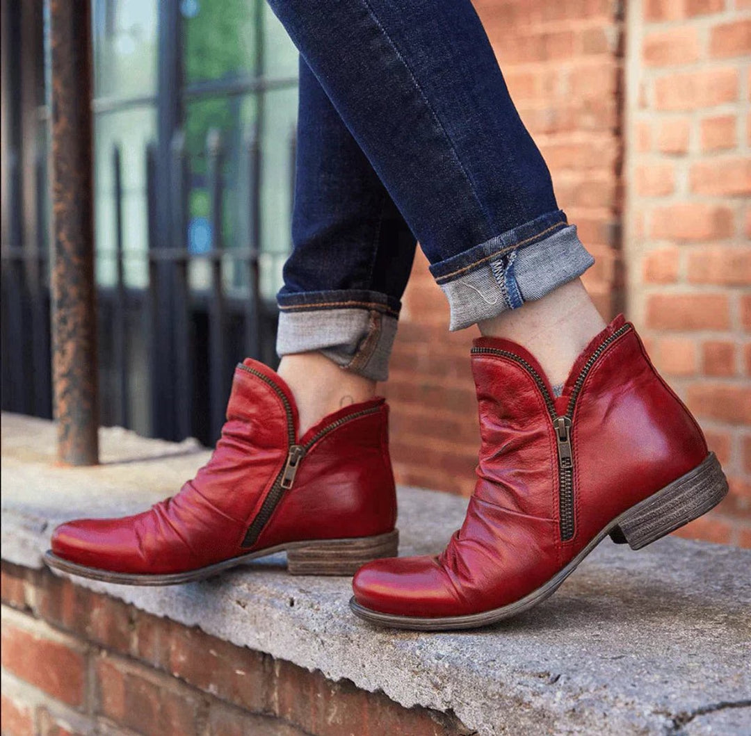 Women's Ruched Side-Zip Low-Heel Faux Leather Ankle Boots