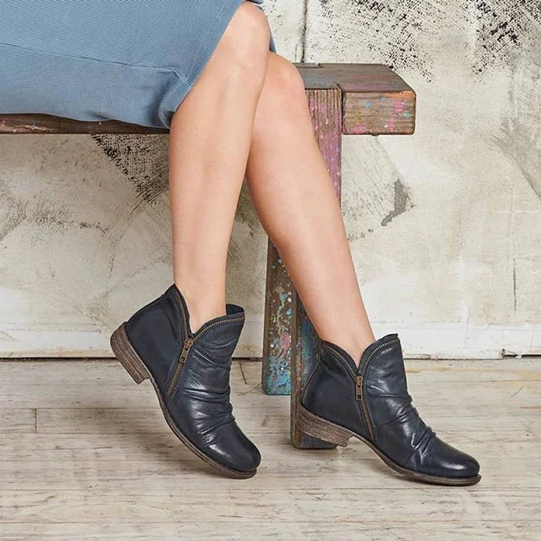 Women's Ruched Side-Zip Low-Heel Faux Leather Ankle Boots