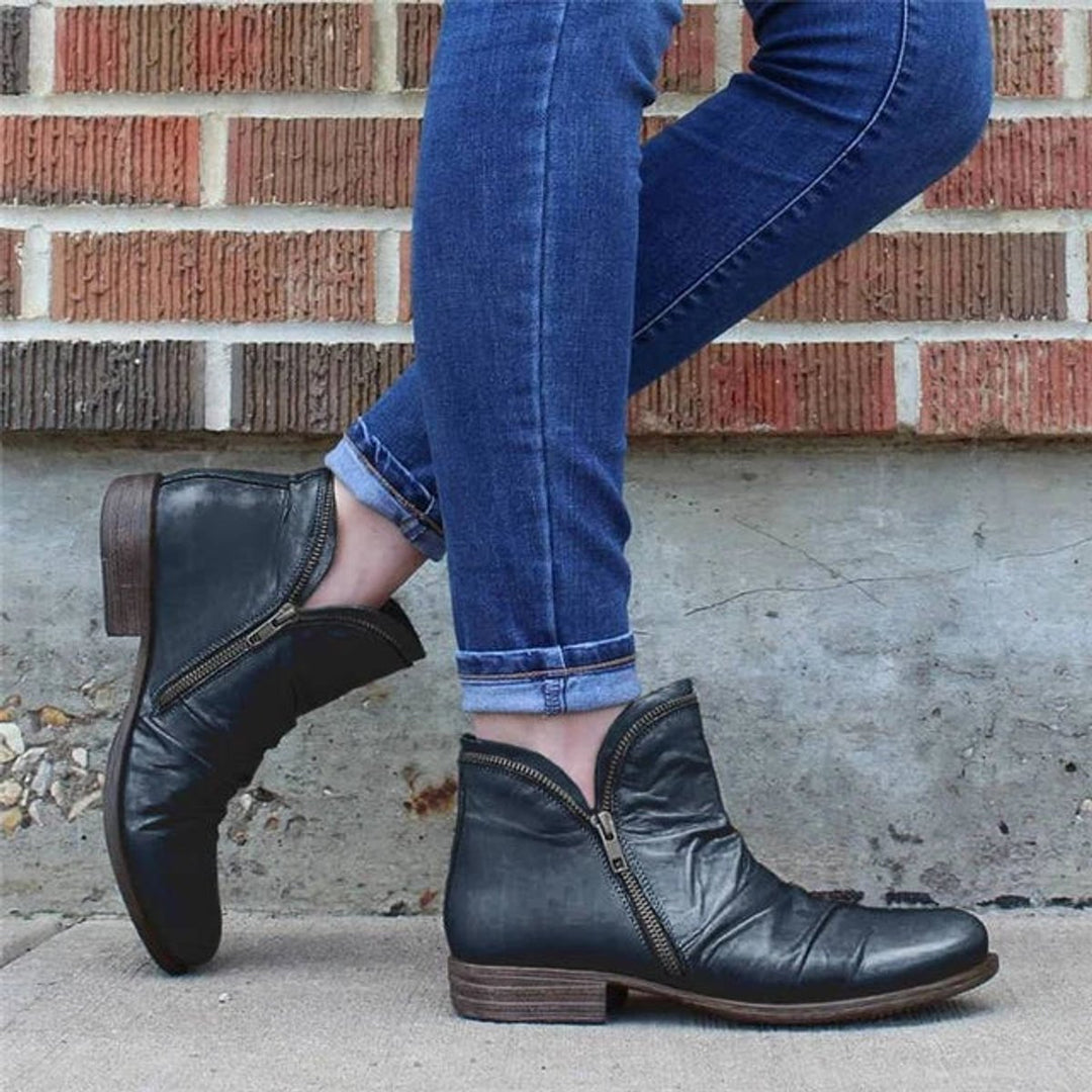 Women's Ruched Side-Zip Low-Heel Faux Leather Ankle Boots