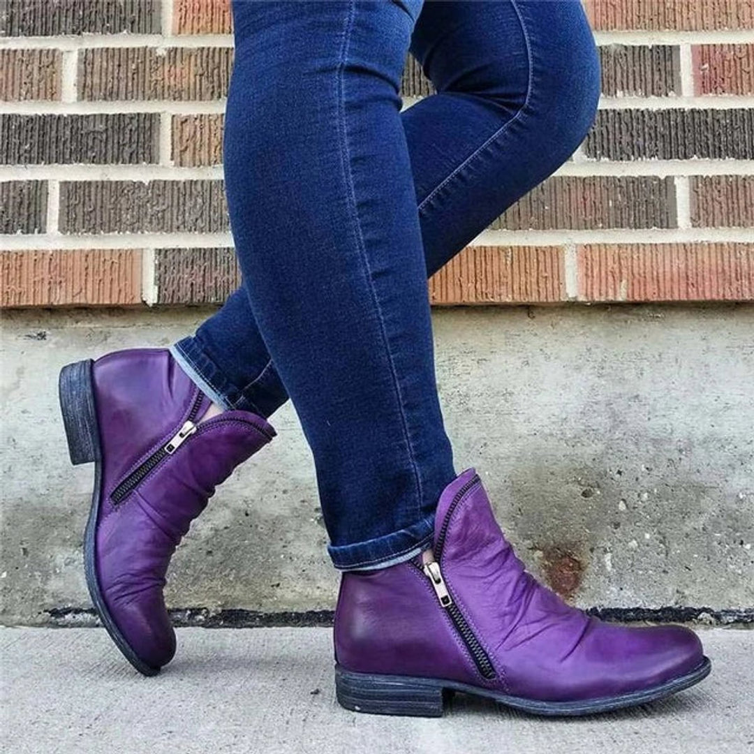 Women's Ruched Side-Zip Low-Heel Faux Leather Ankle Boots