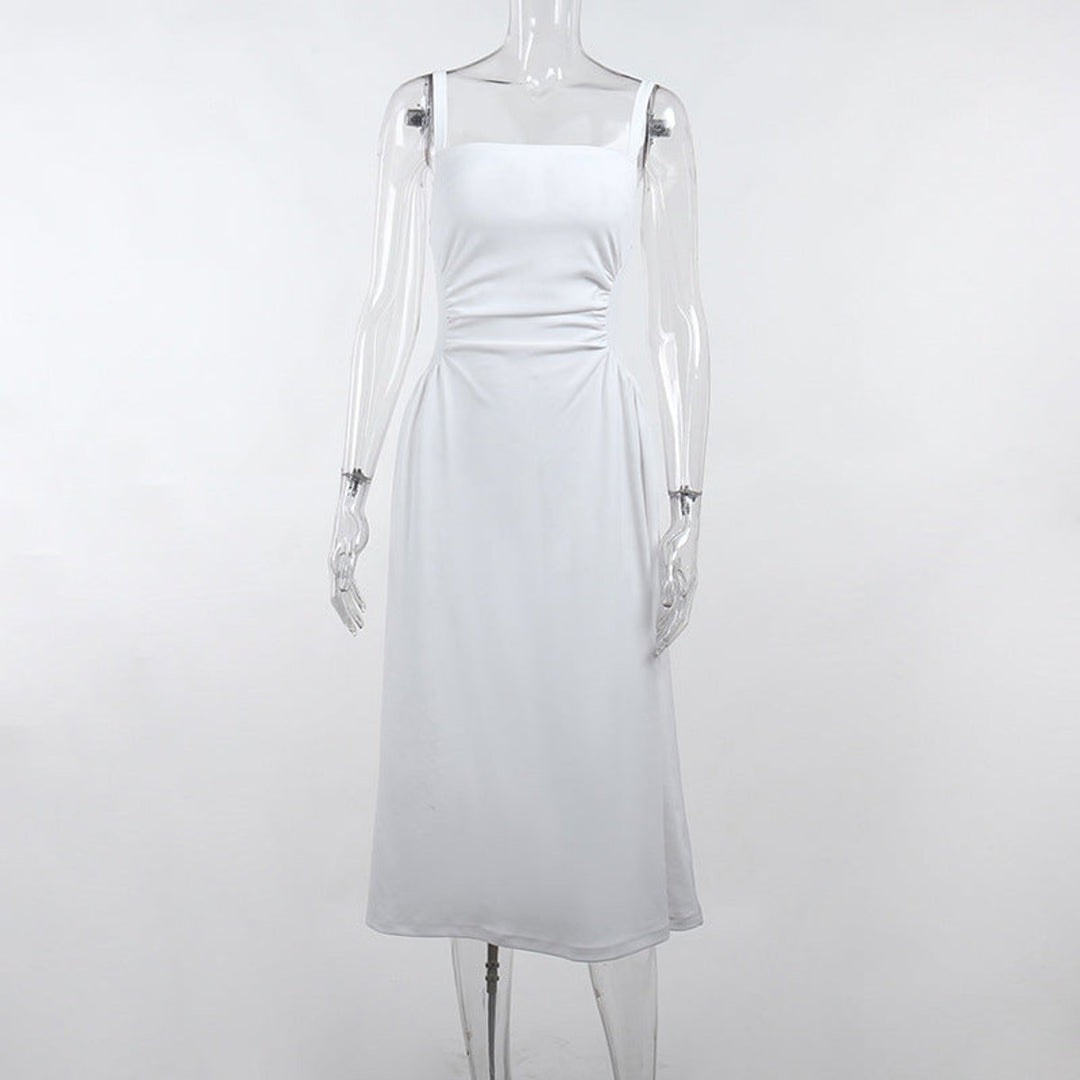 Women's Ruched Spaghetti Strap A-Line Fall Midi Dress