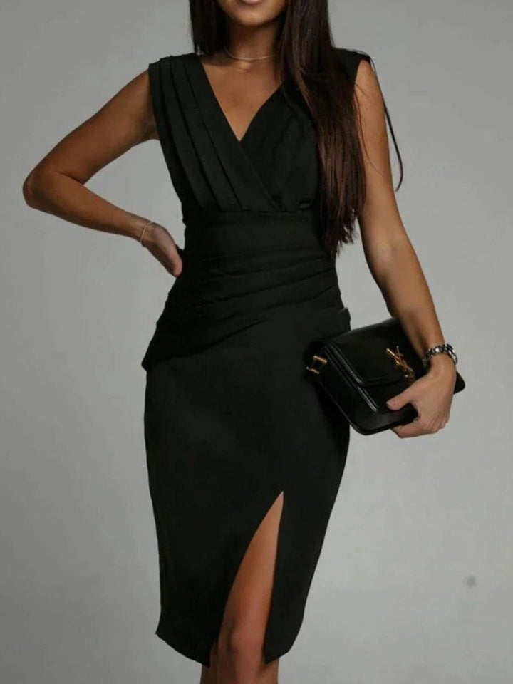 Women's Ruched V-Neck Sleeveless Bodycon Formal Dress Front Slit