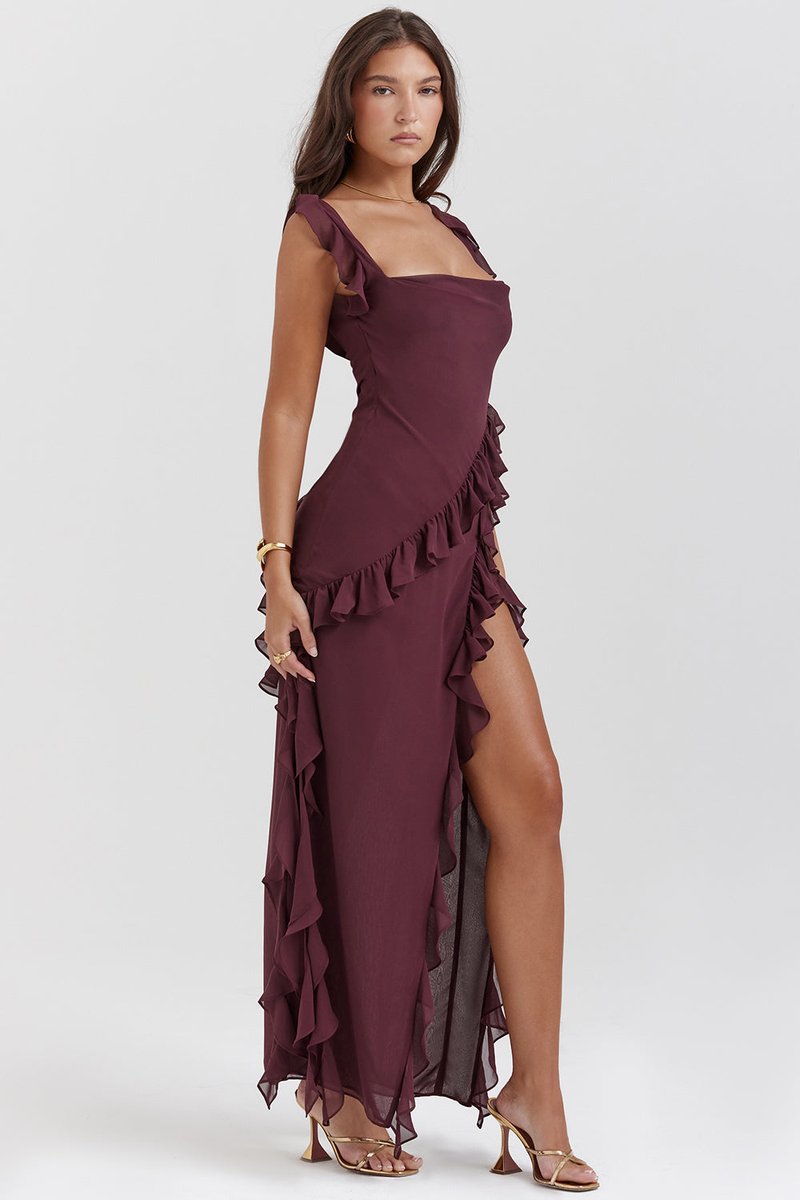 Women's Ruffle Chiffon High-Slit Fall Wedding Guest Dress