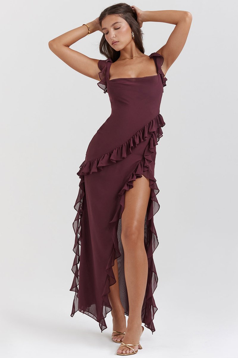 Women's Ruffle Chiffon High-Slit Fall Wedding Guest Dress