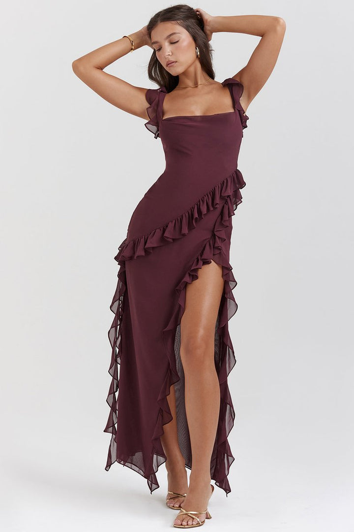 Women's Ruffle Chiffon High-Slit Fall Wedding Guest Dress