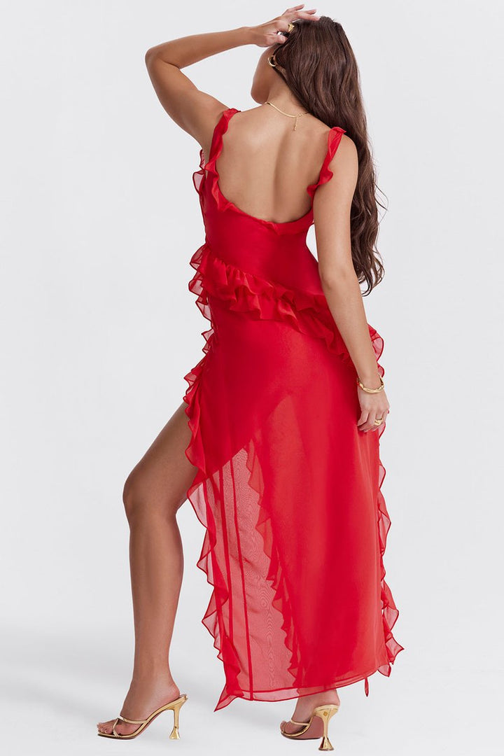 Women's Ruffle Chiffon High-Slit Fall Wedding Guest Dress