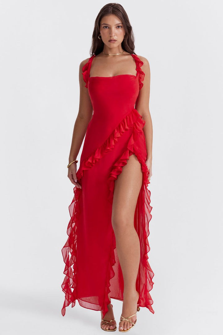 Women's Ruffle Georgette High-Slit Maxi Formal Dress