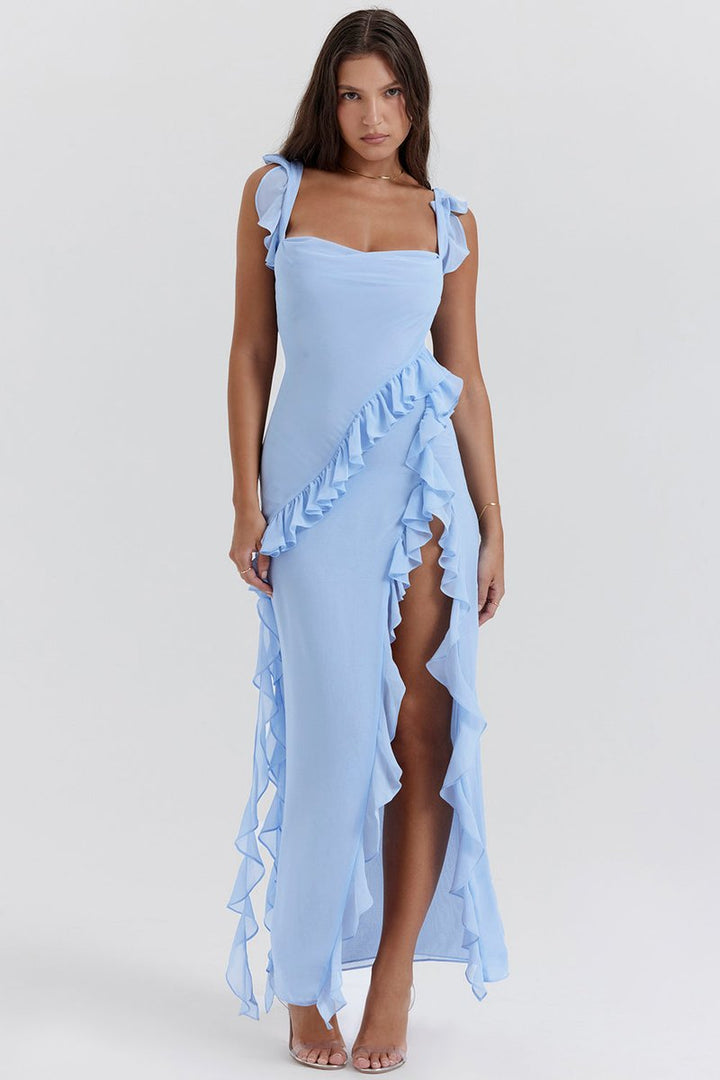 Women's Ruffle Georgette High-Slit Maxi Formal Dress