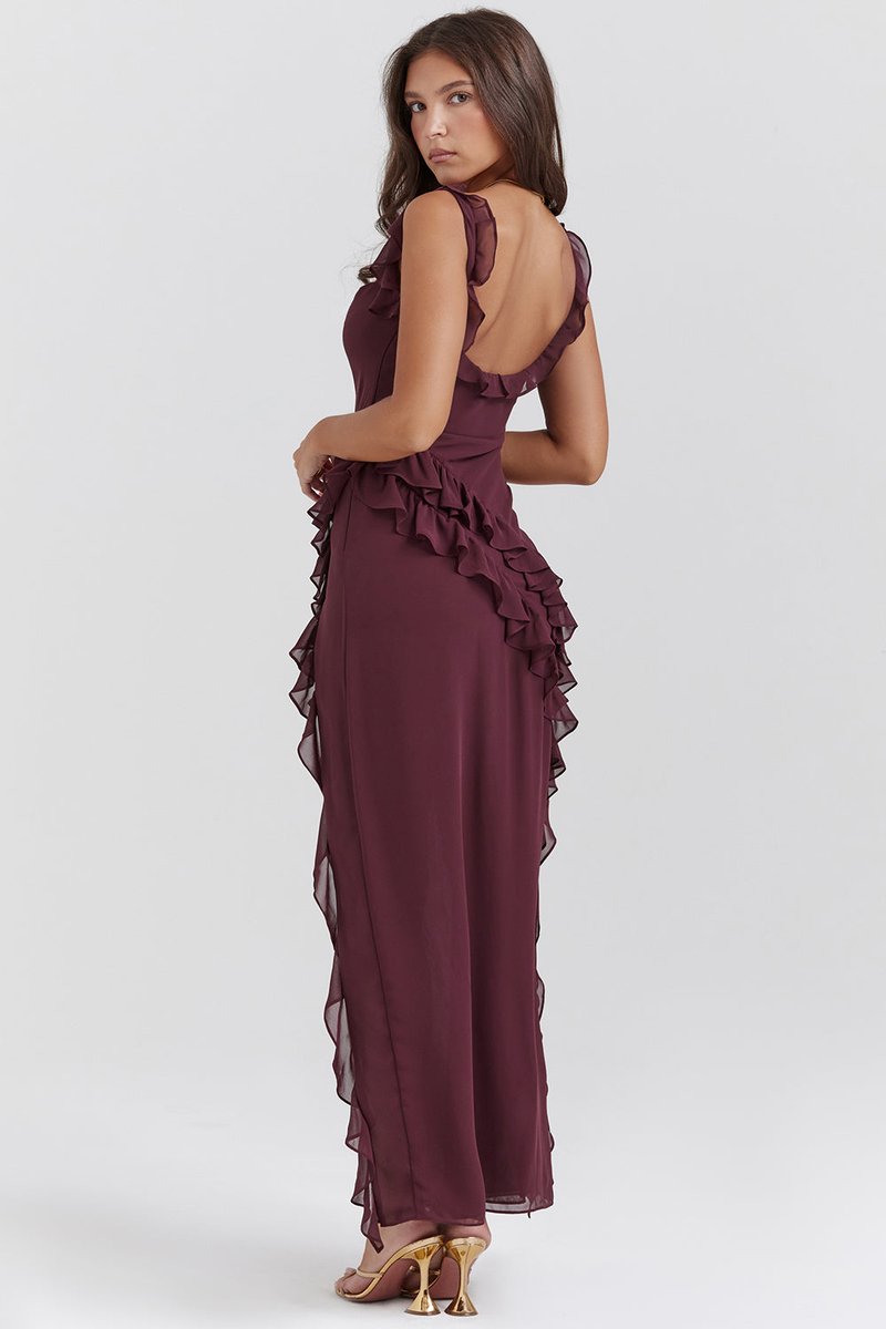Women's Ruffle Georgette High-Slit Maxi Formal Dress