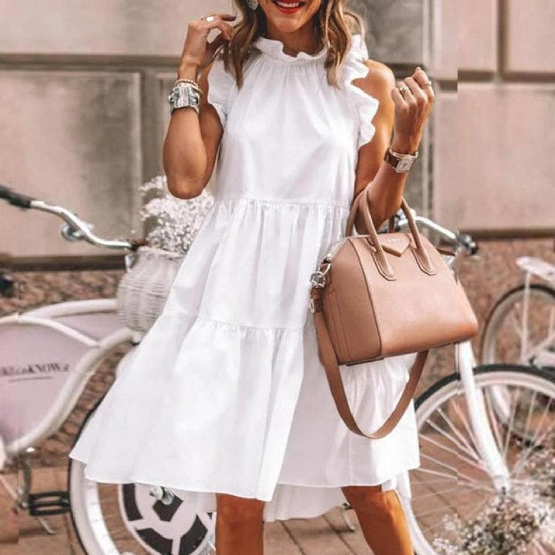 Women's Ruffle-Neck Sleeveless Tiered Fall Midi Dress