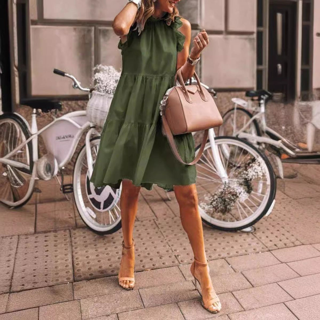 Women's Ruffle-Neck Sleeveless Tiered Fall Midi Dress