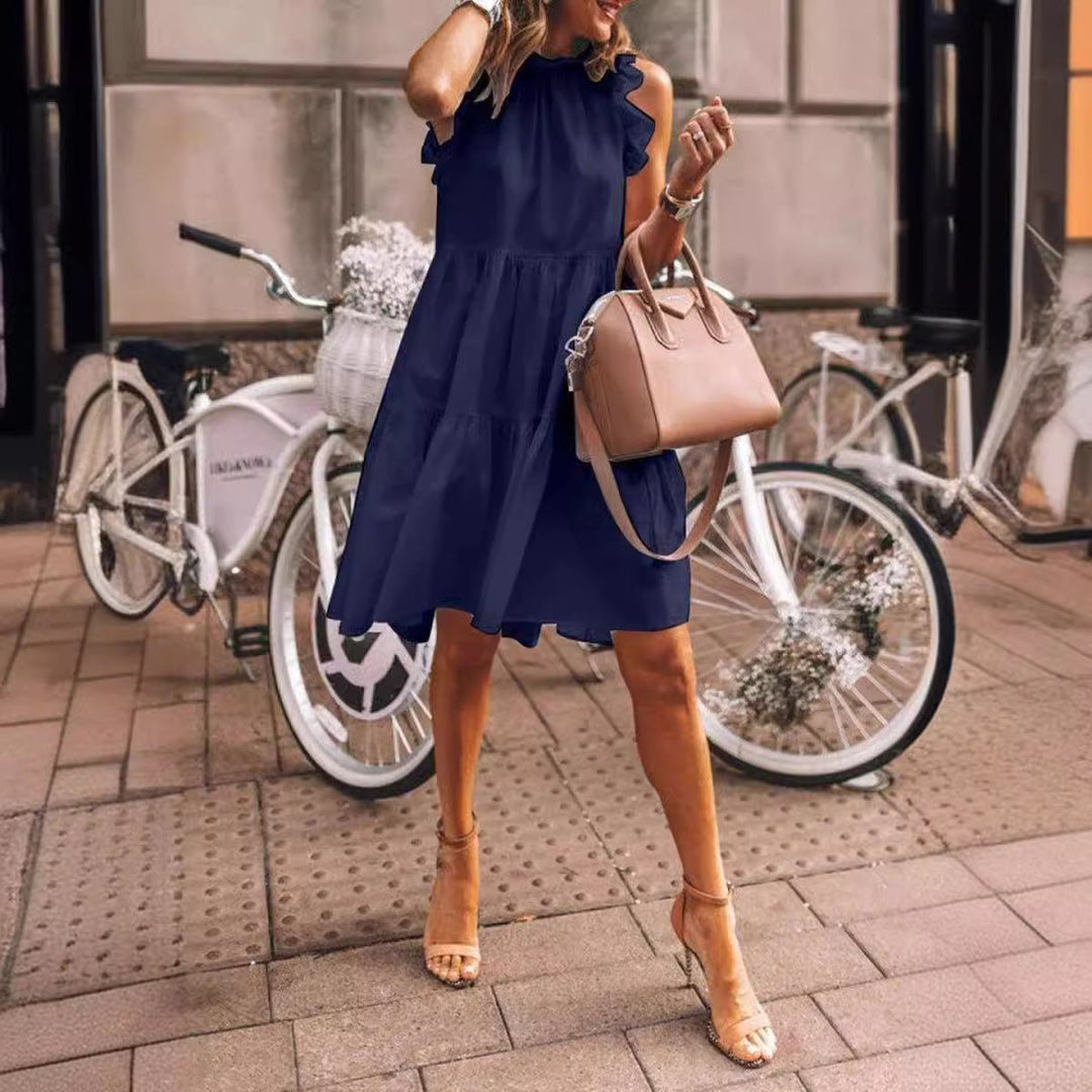 Women's Ruffle-Neck Sleeveless Tiered Fall Midi Dress
