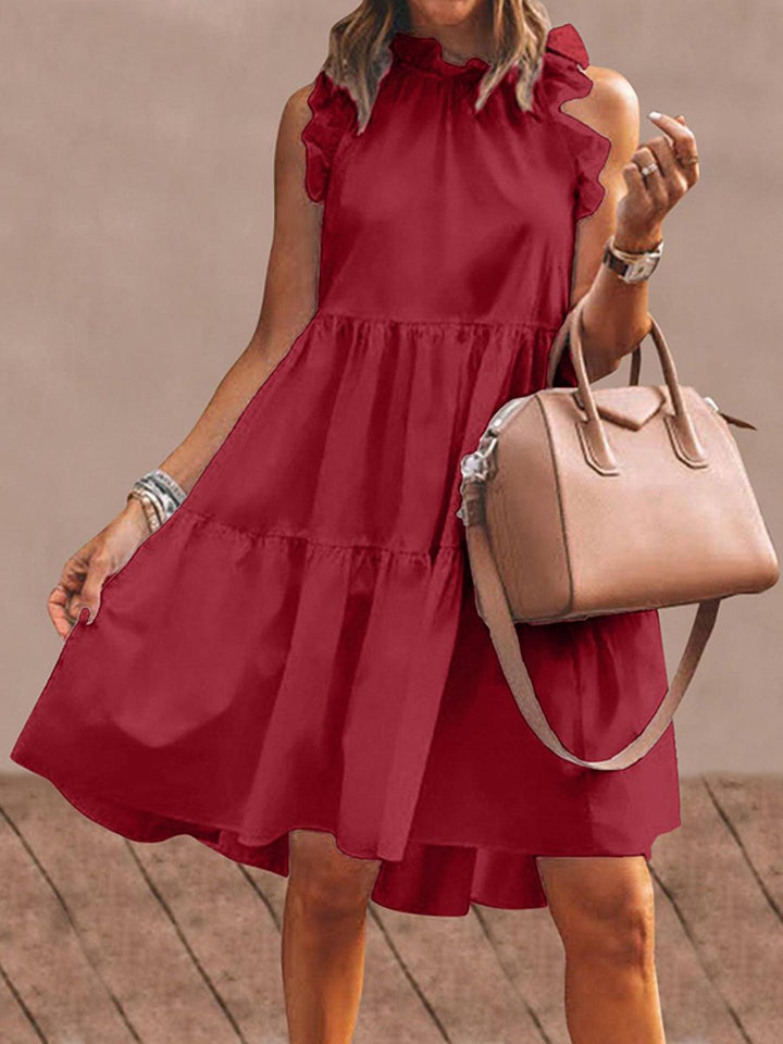 Women's Ruffle-Neck Sleeveless Tiered Fall Midi Dress