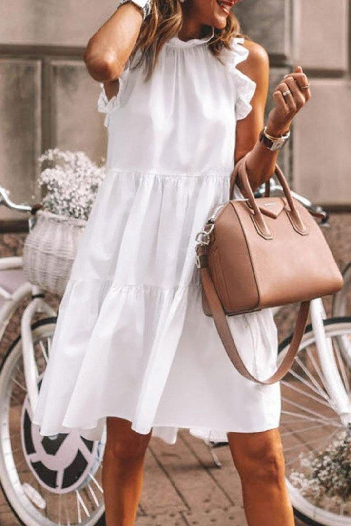 Women's Ruffle-Neck Sleeveless Tiered Fall Midi Dress