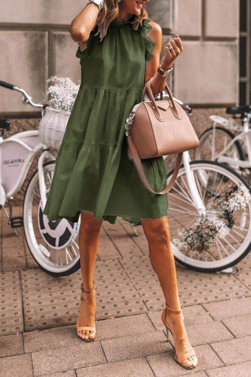 Women's Ruffle-Neck Sleeveless Tiered Fall Midi Dress