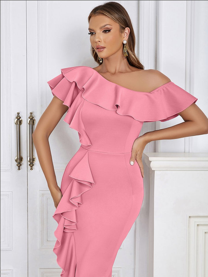 Women's Ruffle One-Shoulder Bodycon Fall Midi Dress